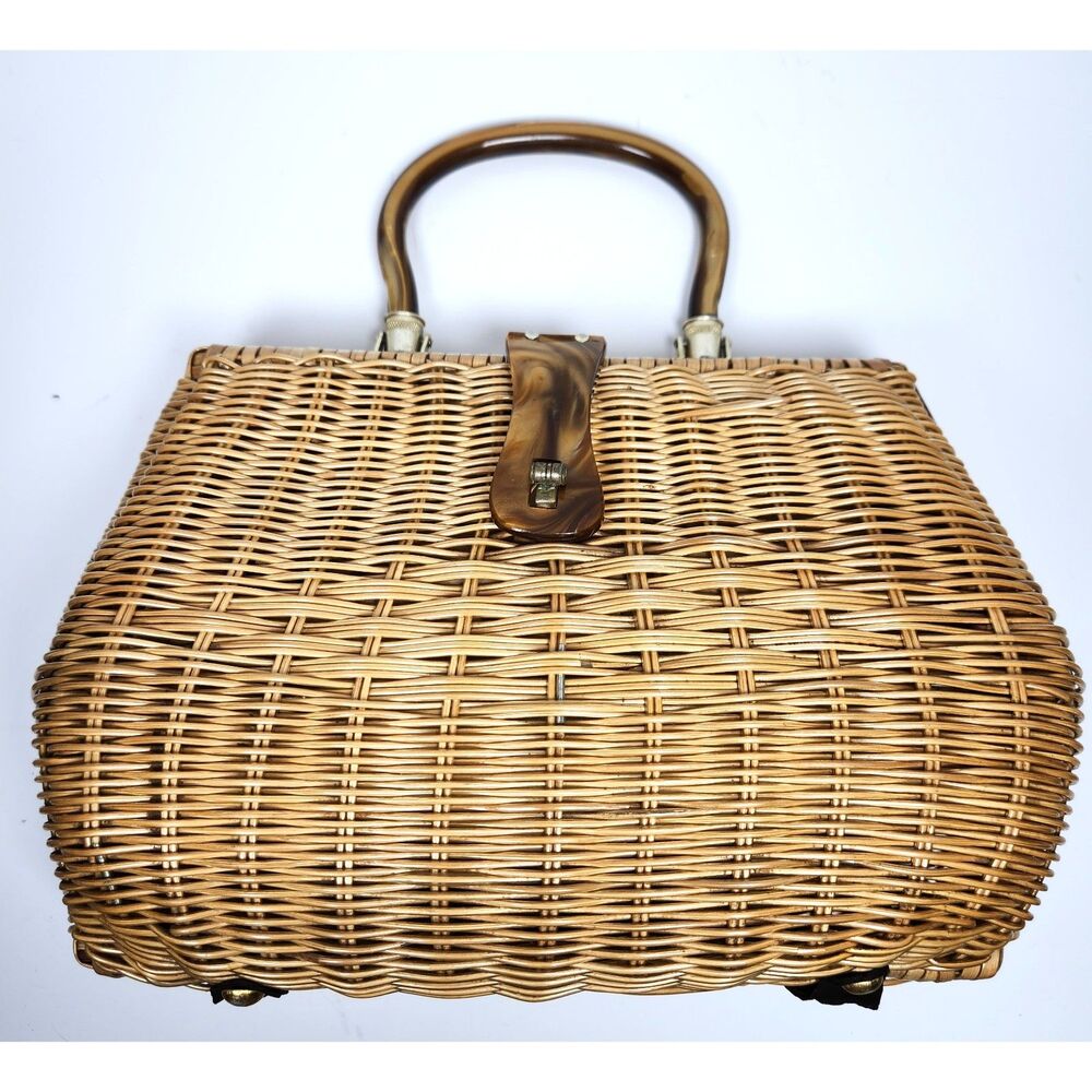 Vintage Simon Wicker Basket Purse Pocketbook Lucite Handle Frame 50's 60's Retro